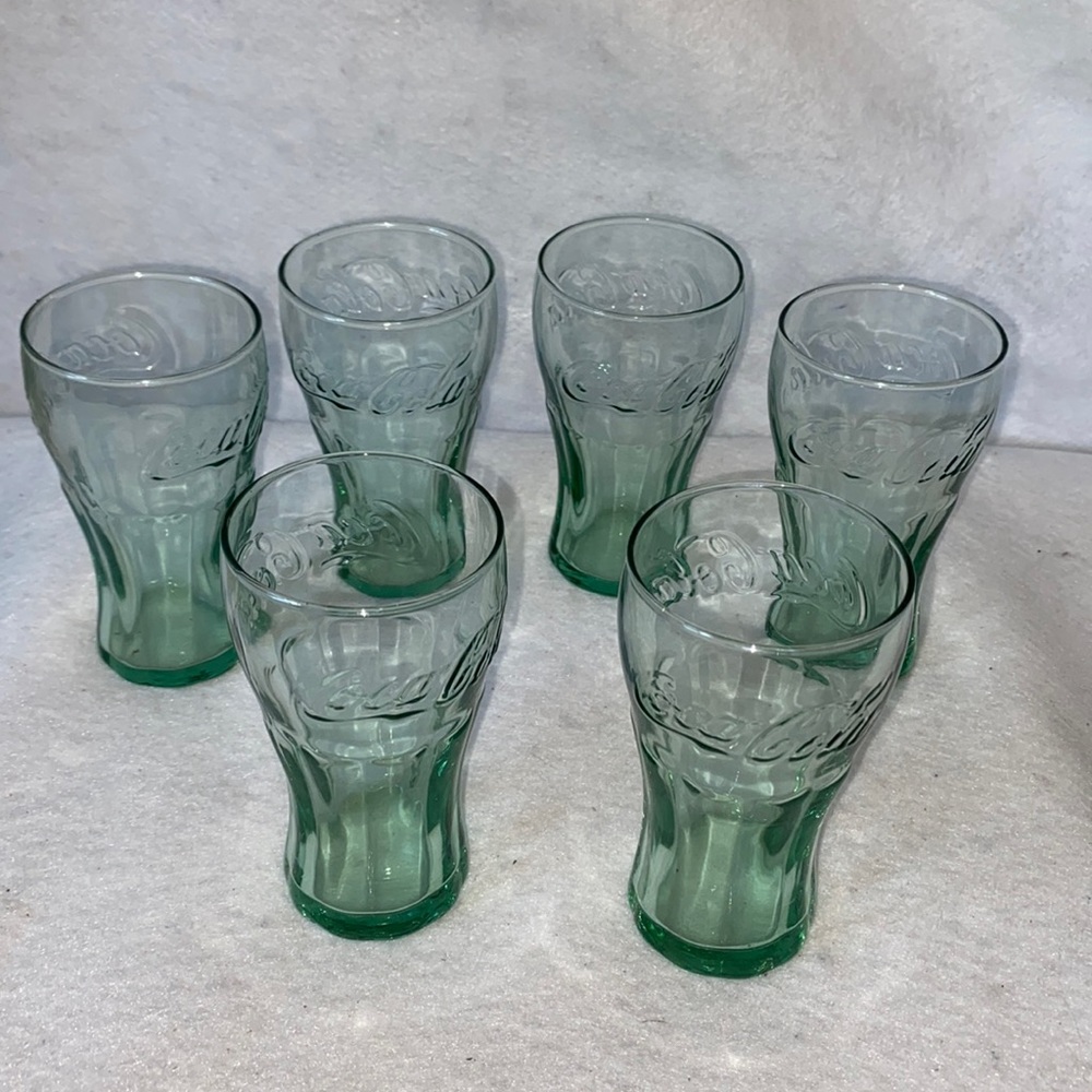 Set Of 6 Minature Green Tint Coca Cola Glasses